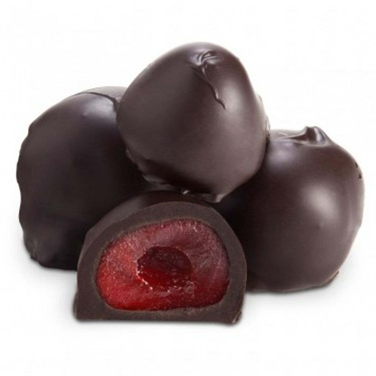 Minonk Chocolate Company's Dark Chocolate Cherry Cordials (10 oz) are shown, with four candies displayed and one cut open to reveal a bright red cherry center beneath a rich dark chocolate coating.