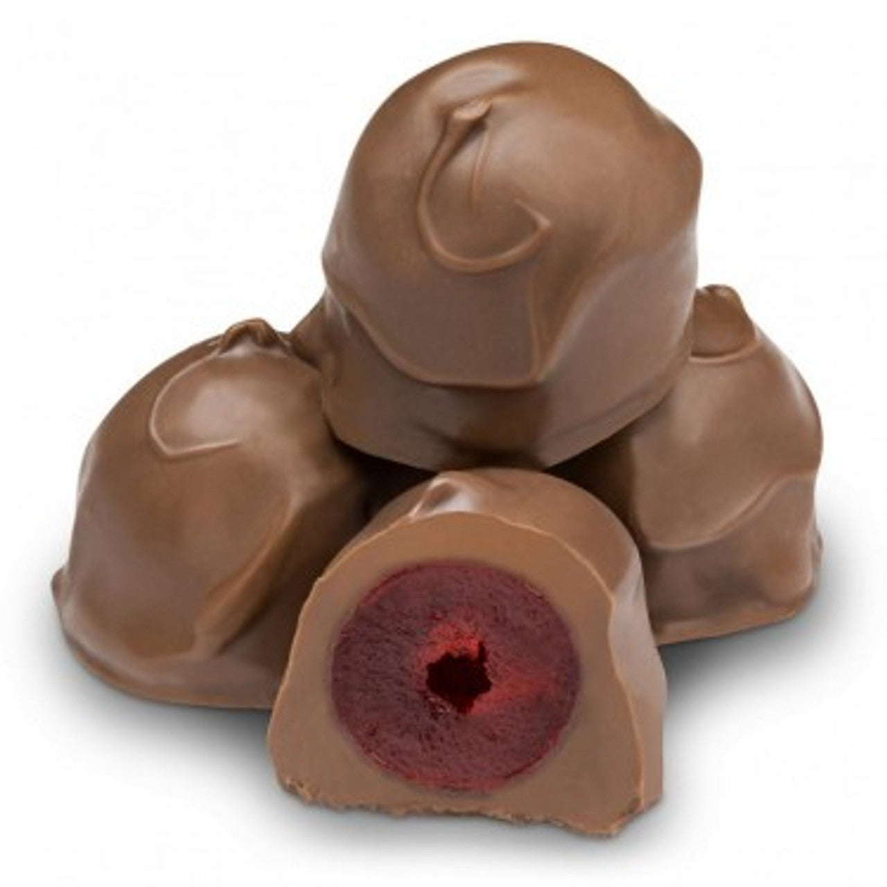 Four Minonk Chocolate Company Milk Chocolate Cherry Cordials, with one cut open to reveal the red cherry filling, are displayed against a plain white background.